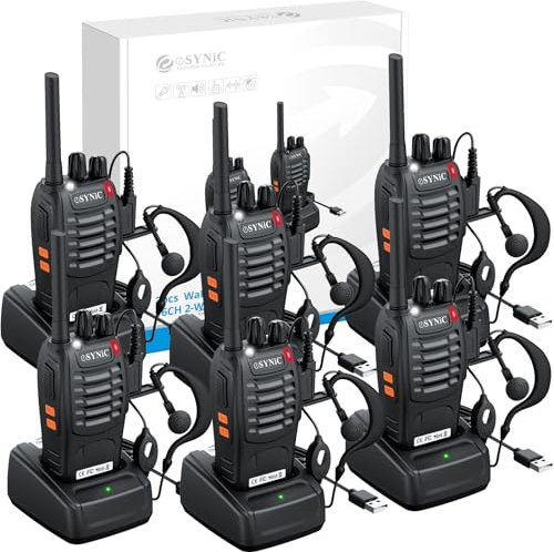 eSynic 6pcs Walkie Talkie Rechargeable,Radio Bidirectionnelle PMR446,CTCSS/DCS,Lampe de Poche LED,Oreillette et USB Base de Chargement,émetteur-récepteur Portable pour Terrain, Expédition, Chantier