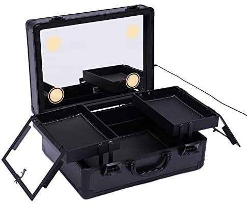BAOCHADA Kosmetika Skönhet Toalettväska, Professionell Kosmetisk Box Arrangör, Kosmetikaarrangör Sminkväska med LED Ljus och Spegel, Bärbar Sminkväska Trikromatiskt Ljus, Svart, Månar