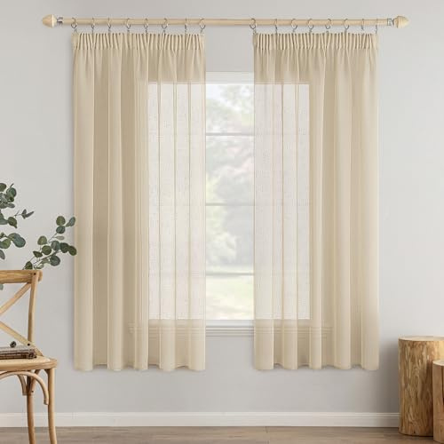 MIULEE Gardinen 2er Voile Vorhang Leinenoptik Kräuselband 140x145cm Beige | Leinenoptik Voile mit Kräuselband, lichtdurchlässig & blickdämpfend, einfach aufzuhängen für Wohn- und Schlafzimmer