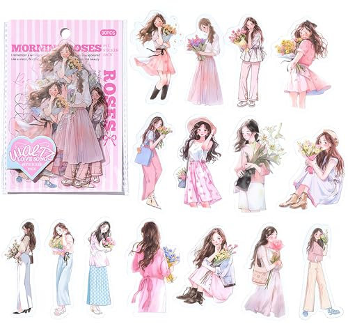Set di adesivi per album di ritagli, 30 adesivi in PET opachi Adesivo per album di ragazze Adesivo estetico per ragazze per manuale di scrapbooking Kit di diario per album di ritagli(rosa)