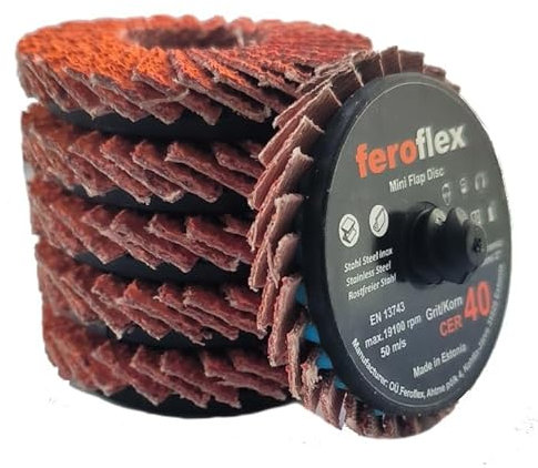 20stk.Set Feroflex Mini Fächerscheiben Profi-Qualität 2,50 mm, Körn 40, Premium Keramik für Metall, Edelstahl, Rost, Stahl Lamellenscheiben Schleifscheibe (Korn 40, 20)+Disc Pad Halter 6mm