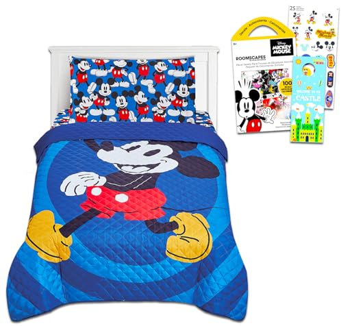 Disney Mickey Mouse Twin Bedding Set - Bundle with Bedspread, Flat Sheet, Fitted Sheet, Pillowcase Plus Stickers, More | Mickey Mouse Bedroom Decor