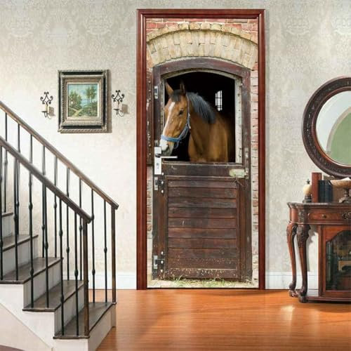 Türtapete Selbstklebend 95x210 Pferd Türaufkleber 3D Türposter Nutztiere Fototapete Türfolie Türklebefolie Wasserdichte für Türwand Dekoration Tapete a8181