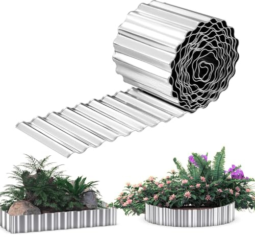 25,4 cm x 6,1 m Metall-Raseneinfassung, gewellte, verzinkte Garteneinfassung, Landschaftskante, flexible lange Streifen, DIY-Bordüre für Gemüse, Hochbeet, Blumenbaumumrandung, silberfarben