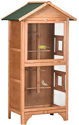 PawHut Jaula para Pájaros Pajarera de Madera con 3 Puertas 4 Perchas Bandeja Extraíble y Techo Asfáltico 80,5x57x153 cm Natural