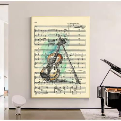 BMGKYAGL Vintage-Geigendruck, Wörterbuchkunst, Musikliebhaber-Geschenk, Retro-Notenblätter, Leinwandgemälde, Wandkunst, Arbeitszimmer, Wanddekoration, 50 x 70 cm, rahmenlos