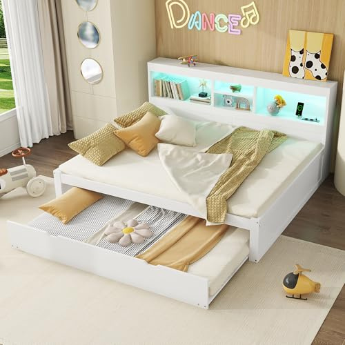 Dolamaní Tagesbett 140x200 cm mit ausziehbares Bett 90x190 cm, Ausziehbett mit Stauraum Staufach, Funktionsbett Ohne Matratze (Weiß)