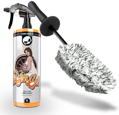Nuke Guys Felgen Reinigungsset | Felgenreiniger 1l mit Wirkindikator + Mikrofaser Felgenbürste| Stark gegen Bremsstaub & Flugrost | Felgen Reinigung Set für Auto & Motorrad