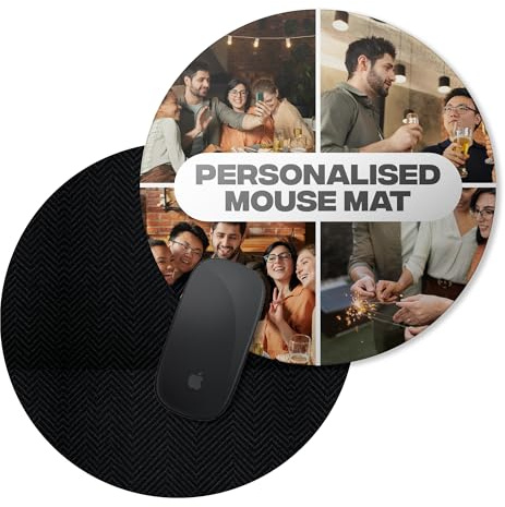 Tappetino per mouse rotondo personalizzato con collage personalizzato, base in gomma antiscivolo, bordi cuciti, superficie liscia ed ergonomica, per ufficio o gioco (collage di 4 immagini)