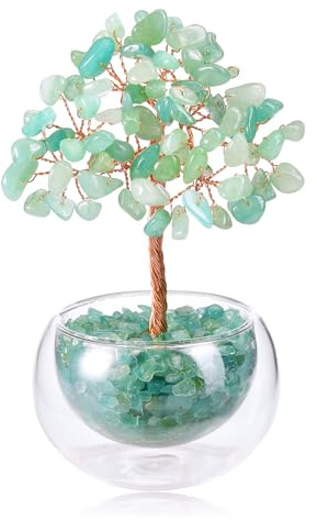 CrystalTears Green Aventurine Crystal Tree, Handmade Green Healing Gemstone Tree of Life with Glass Pot for Home Office Desk Bedroom Decor, Crystal Gifts for Women Mum Birthday Housewarming