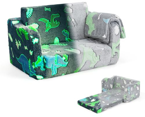 GOPLUS Sofá y Tumbona Plegable 2 en 1 para Niños, Silla con Manta Que Brilla en la Oscuridad, Sofá Cama Reclinable de 3+ Años, Gris Dinosaurio/Arco Iris Unicornio (Gris)