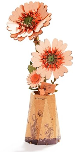 rowood Artificiella blommor Gerbera Daisy, 3D-pussel DIY träblomma, modellkit att monteras, hantverkssats för vuxna och barn, heminredning och Valentinsdag leksakspresentsats