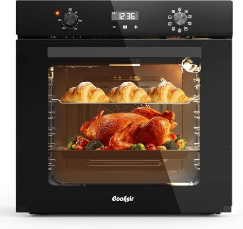 60cm Einbaubackofen, 60 Liter Ofen mit Stecker, 2800Watt, 9 Funktionen | Cooksir ofen mit Drehknopf, Elektronischer Timer 10 Stunden, Doppeltes Oberrohr, Ventilator hinten, mit Zubehör, 230V, 50Hz
