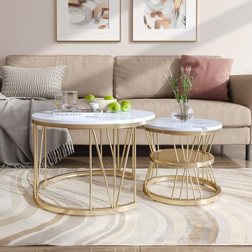 FEEOHOME Set mit 2 Couchtischen, rund, Beistelltisch, Beistelltische mit Metallgestell und Tisch, weiß, geeignet für Wohnzimmer, Balkon