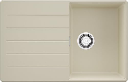 PRIMAGRAN Spülbecken ab 45er Unterschrank + Ablauf-Set, 78x50cm | Set: Ablauf-Set (Siphon, Ablaufgarnitur, Überlauf) + Granitspüle 1 Becken - Kopenhagen Top, Beige