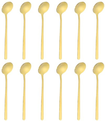 sourcing map 12pcs Tea Stirring Spoons 5(13cm) 410 Stainless Steel Round Soup Spoon with Long Handles for Espresso Sugar Dessert Cereal Ice Cream Cocktail Coffee Bar Accessories, Gold