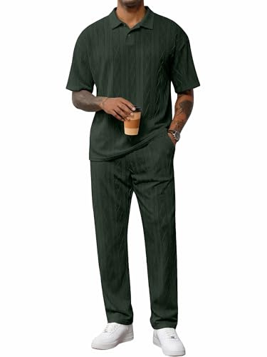 JMIERR Summer Sets Men 2 Pieces Outfits Polo Shirts Beach Pants Suits Tropical Beach Outfits Casual Golf Fashion Clothes, Green L