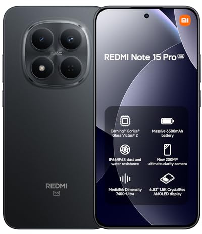 XIAOMI Redmi Note 15 Pro 5G Smartphone 12+256GB, 6.83 1.5K CrystalRes AMOLED Display, New 200MP Ultimate-Clarity Camera, MediaTek Dimensity 7400-Ultra, 6580mAh Battery, with Charger.(Black)