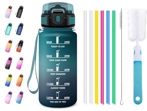 JAPORIA Gourde 500ml, Bouteille d'eau avec Marqueur de Temps et Paille, Étanche et Réutilisable, Bouteille pour Bureau, Vélo, l'école, Randonnée