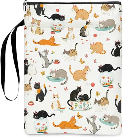 Buchhülle Katze, Doppelseitige Buchtasche mit Reißverschluss für A4 A5 Bücher & Tablets, Buchumschlag aus Stoff mit Tragegriff, Geschenk für Katzenliebhaber (29,5x21cm)