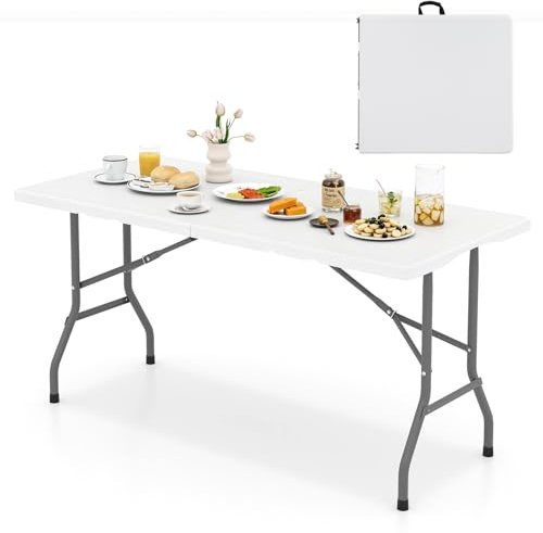 COSTWAY Tavolo Pieghevole Portatile da 150 cm, Tavolo da Campeggio in HDPE, Meccanismo di Blocco Sicuro, Tavolo da Picnic con Maniglia, Portata 180 kg (Bianco, 150 cm)