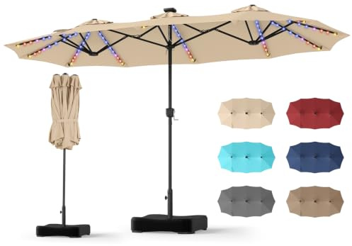 COSTWAY Ombrellone da Giardino Doppio 370 x 220 cm, con 12 Stecche, 108 Luci LED Solari, 12 Modalità, 3 Prese d'Aria, Manovella e Base, Anti-UV, per Spiaggia, Piscina e Cortile