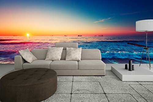 Fotomural Vinilo Pared Playa Atardecer | Varias Medidas 400x300cm | Ideal para la decoración de comedores, Salones | Motivos Paisajísticos | Urbes, Naturaleza, Arte| Multicolor | Diseño Elegante