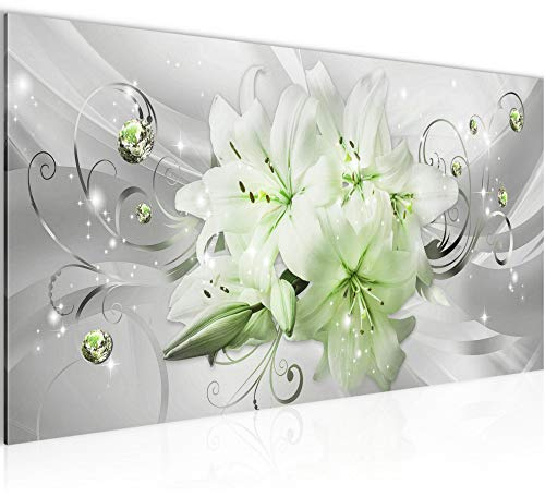 Runa Art Wandbild Blumen Lilien 1 Teilig 100 x 40 cm Modern Bild auf Vlies Leinwand Abstrakt Wohnzimmer Grün Grau 019812c