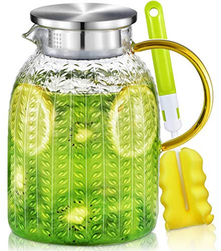 Aofmee Jarra Agua Cristal, Botella Agua Cristal 1,8 Litro con Cepillo, Jarra Agua con Tapa de Acero Inoxidable, Jarra para Agua, Té, Zumo, Leche y Sangria, Bebidas frías y Calientes