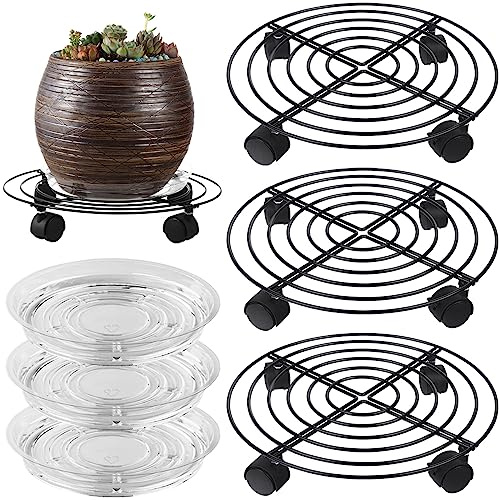 3 Packs Large Metal Plant Caddy with Wheels 13.8 Inches Plant Dolly Heavy Duty Rolling Plant Stand with Casters for Indoor Outdoor Wheeled Planter Coasters Flower Pot Mover Rollers Black, Plastic Saucers Included