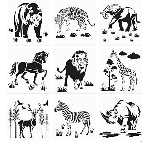 BDHI 9 Stück 20,3 cm große Tierschablonen Schablonen Wiederverwendbare Tiermalerei Schablone Bär Tiger Elefant Pferd Löwe Giraffe Zebra Nashorn Hirsch für DIY Kunst Handwerk Scrapbook Karte Wand