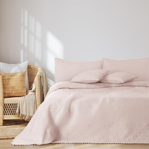 AmeliaHome Tagesdecke mit Pompons 170x210 cm Bettüberwürf zweiseitig Ultrasonic Steppung Polyester Meadore Puderrosa