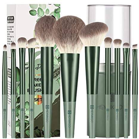 HEYMKGO Makeup Brushes 11pcs Premium Synthetic Bristles Green Color Kabuki Foundation Brush Face Lip Eye Makeup Brush Sets Professional with Gift Box