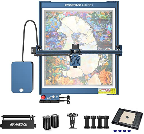 ATOMSTACK A20 Pro Laser Engraving Machine 130W, 20W Optical Power Laser Engraver Cutter with Twin-Cylinder F30 Pro Air Assist kit, R3 PRO Rotation Roller, Honeycomb Laser Bed Table, Area 400x400mm