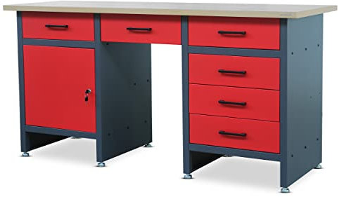 Jan Nowak Werkbank mit Arbeitsplatte Werktisch mit 6 Schubladen Schließfach Verstellbare Füße MDF-Arbeitsplatte Belastbar bis 500 kg Metall 170 cm x 60 cm x 85 cm Anthrazit-Rot