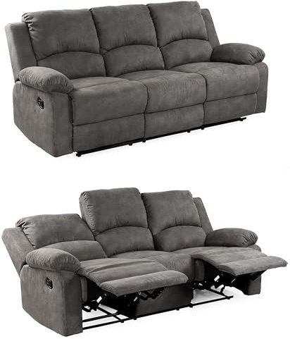 Dreisitzer-Sofa mit Tonnentaschenfederkern B204/T87/H97 cm, verstellbare 3er Couch durch praktische halbautomatische Relaxfunktion, Bezug Mikrofaser Vintage Anthrazit / 15131