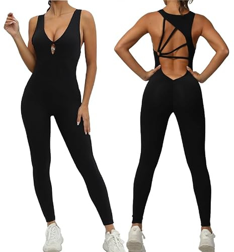 Qszmjo One-piece V Neck Workout Jumpsuit for Women Gym Backless Yoga Catsuit Bodysuit Butt Lift Cutout Sport Athletic Rompers, Black, L