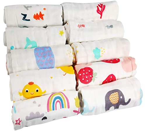10Pcs Baby Muslin Washcloths, Absorbent & Breathable Face Cloths, Reusable Cotton Squares for Baby Shower, Bath & Feeding Towel (Random Pattern)