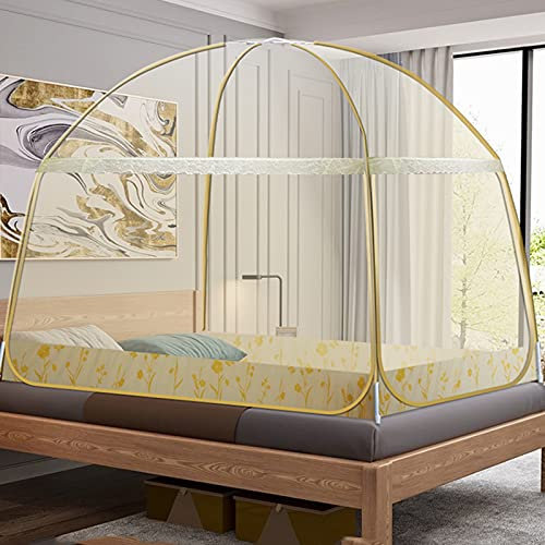 Moskitonetz, Betthimmel, Wohnzimmer, Doppeltür, Anti-Mücken-Zelt mit Reißverschluss, einfach einzurichten, für Reisen, Zuhause, im Freien, Beige, 1,5 x 2,0 m