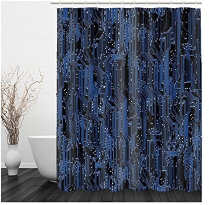 Whoiy Duschvorhang Schwarz Textil, Duschvorhang Eckbadewanne 165X200cm Polyester Badegardinen Computerfestplatte Linear Dunkelblau Waschbar Wasserdicht