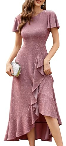 Berylove Women Sequin Formal Party Dress Flutter Short Sleeve Wedding Cocktail Long Evening Dress