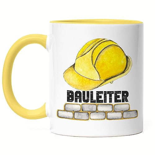 Hey!Print Bauleiter Tasse Gelb Bau Bauherr Helm Werkzeug Gebäude Baustelle Arbeit Auftrag Bauarbeiter Mitarbeiter Bauleitung