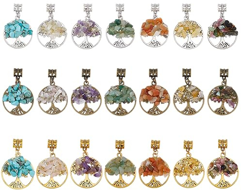 SUPERFINDINGS 21 pz Ciondoli con Pietre Preziose Albero della Vita Ciondoli Chakra di Cristallo di Quarzo Ciondoli con Pietre Preziose Miste Ciondoli Rotondi Piatti con Accessori in Lega