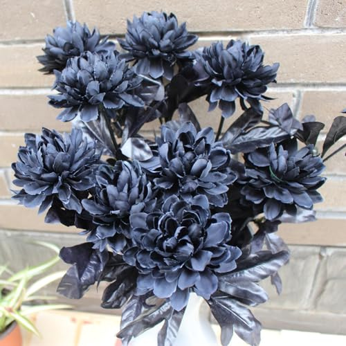 Wambere 5 Stück Künstliche Dahlien, Grabschmuck mit Künstlichen Dahlien Seidenblumenstrauß mit Stielen für Tischaufsätze Arrangement Halloween Blumengesteck Heimdekorationen,Schwarz