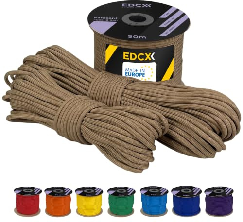 EdcX 4 mm Polyester Paracord 550 25+ Farben (15, 30 und 50 m) – Typ III, 100% Nylonseil, 7 Litzen Seil, 4mm Nylonseil in vielen Farben | Solid Colors