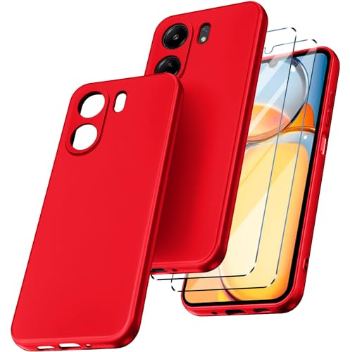 New&Teck Funda para Xiaomi Redmi 13C + 2 Protectores de Pantalla de Vidrio Templado, Transparente Suave TPU Silicona Case, Parachoques con Esquinas Reforzadas (Rojo)