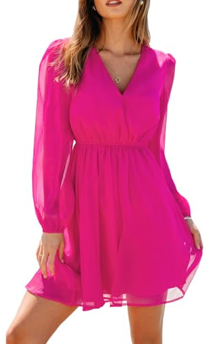 CUPSHE Mini robe d'été à volants pour femme, avec col en V, manches longues, taille élastique, coupe fluide et décontractée | Col en V décontracté à manches longues, mousseline légère, taille élastique, printemps-été, fête de jardin