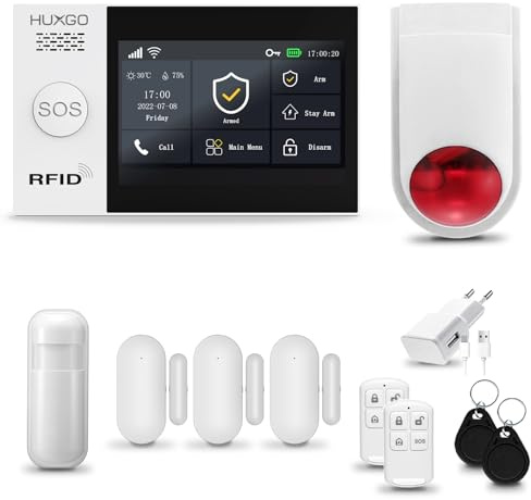 HUXGO® HXA007 Funk Alarmanlage Set WiFi + GSM mit Alarmsirene | Alarm System mit Bewegungsmelder, 3X Fensteralarm/Türsensoren | Alarmanlage fürs Haus, Wohnung | Smart Home