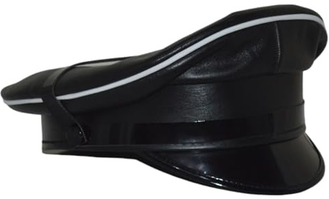 awanstar AW-0055 Echt Leder Mütze schwarz mit Weissen Paspel Herren Schirmmütze Military Hut Männer Ledermütze Armee Hut Halloween Bikermütze