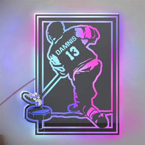 ASD Jewerly Personalisierte Hockey Spieler LED Spiegel Licht Up Zeichen, benutzerdefinierter Name für Zahl Hockey Wand Kunst Neon Licht, Weihnachten Geburtstag Hockey Geschenk für Männer Jungen
